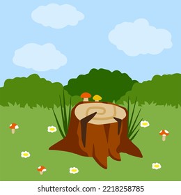 Stump in forest meadow. Green field with grass. Background for child drawing. Summer nature. Funny scene or area