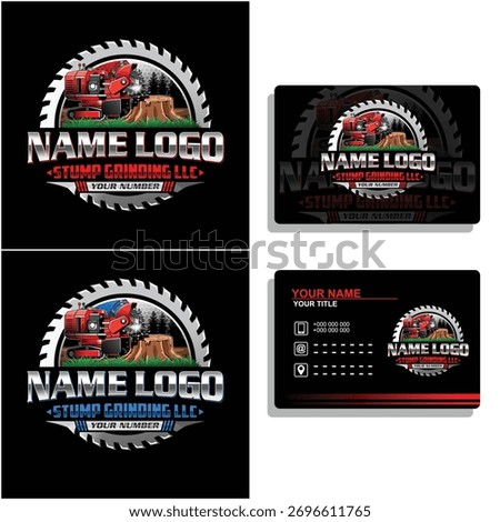 Stump grinding and removal logo design. Tree cutting service logo template. Stump Grinder vector illustration