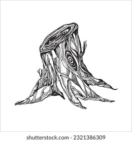 Stump hand drawn illustration , wood design, forest elements, tattoo design, stump drawing