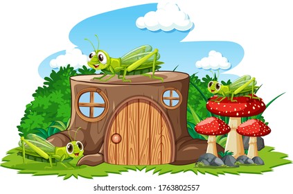 Stumpfhaus mit Grasshoper-Cartoon-Stil auf weißem Hintergrund, Vektorgrafik