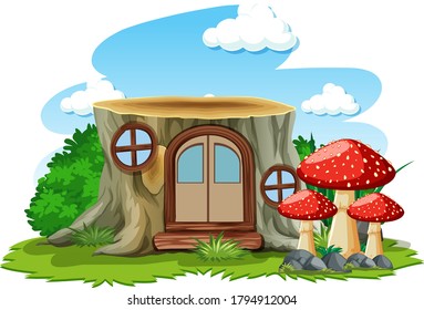 Stump house with mushroom in cartoon style on white background illustration