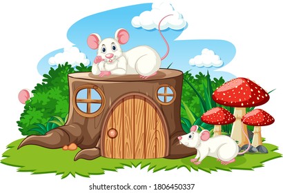 Stump house with white mouse cartoon style on white background illustration
