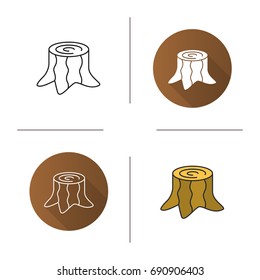 Stump icon. Flat design, linear and color styles. Deforestation. Isolated vector illustrations