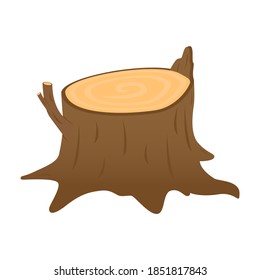 Stump isolated on a white background. A brown stump with a broken branch. Stump of oak, aspen, Rowan, spruce, pine, maple.