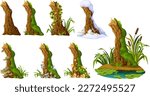 Stump with liana branches, ivy, cattails, bulrush. Log in honey mushrooms, under snow, with fungus. Cartoon broken tree in moss in swamp jungle. Isolated vector elements game on white background.