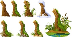 Stump With Liana Branches, Ivy, Cattails, Bulrush. Log In Honey Mushrooms, Under Snow, With Fungus. Cartoon Broken Tree In Moss In Swamp Jungle. Isolated Vector Elements Game On White Background.