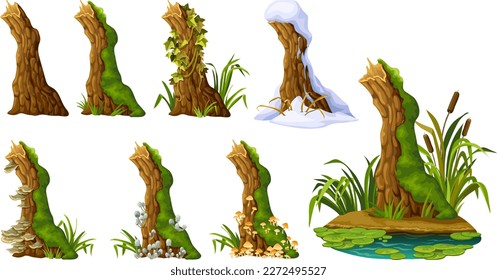 Stump with liana branches, ivy, cattails, bulrush. Log in honey mushrooms, under snow, with fungus. Cartoon broken tree in moss in swamp jungle. Isolated vector elements game on white background.