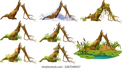 Stump with liana branches, ivy, cattails, bulrush. Log in honey mushrooms, under snow, with fungus. Cartoon broken tree in moss in swamp jungle. Isolated vector elements game on white background.