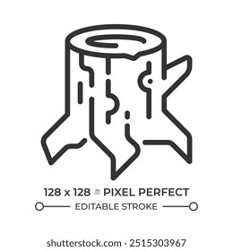 Ícone linear do Stump. Remoção da árvore. Sinal de desmatamento. Setor madeireiro. Gestão florestal. Corte de madeira. Ilustração em linha fina. Símbolo de contorno. Desenho de contorno de vetor. Traçado editável
