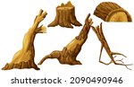 Stump, log. Cartoon piece of wood. Broken oak, linden, maple, cedar. Set isolated vector elements on white background. 