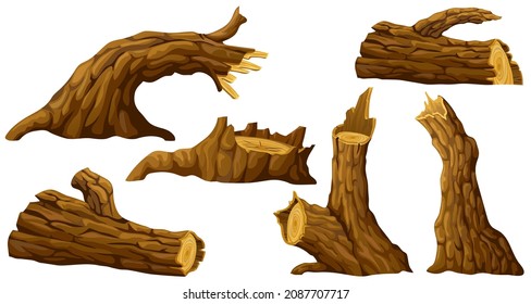 Stump, Log. Cartoon Piece Of Wood. Broken Oak, Linden, Maple, Cedar. Set Isolated Vector Elements On White Background. 