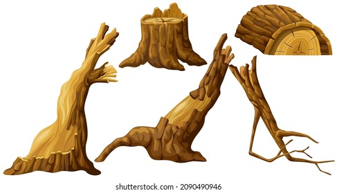 Stump, log. Cartoon piece of wood. Broken oak, linden, maple, cedar. Set isolated vector elements on white background. 