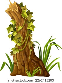 Stump, log with liana branches, ivy. Cartoon broken piece of wood and creeper jungle, tropical leaves. Isolated vector element for computer game on white background.