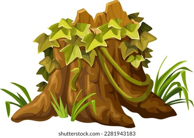 Stump, log with liana branches, ivy. Cartoon broken piece of wood and creeper jungle, tropical leaves. Isolated vector element for computer game on white background.