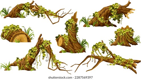 Stump, log with liana branches, ivy. Cartoon broken piece of wood and creeper jungle, tropical leaves. Isolated vector element for computer game on white background.