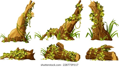 Stump, log with liana branches, ivy. Cartoon broken piece of wood and creeper jungle, tropical leaves. Isolated vector element for computer game on white background.