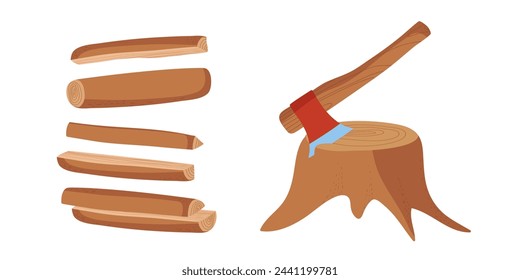 Muñón con hacha de metal, troncos de árbol cortados. Herramienta para talar árboles, leña aislada sobre fondo blanco. Hacha con mango de madera. Ilustración vectorial para senderismo, camping, explotación forestal. Picar madera. 