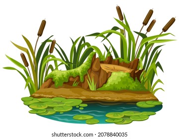 Stump in moss in marsh. Cartoon log in swamp jungle. Broken tree oak, salvinia, water lily. Isolated vector element on white background.