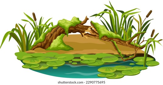 Stump in moss in marsh. Cartoon log in swamp jungle. Broken tree oak, salvinia, water lily. Isolated vector element on white background.