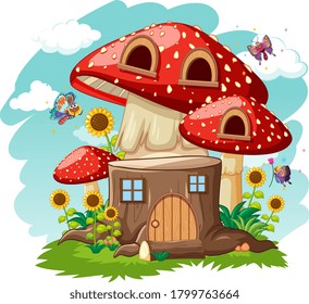 Stump mushroom house and in the garden cartoon style on sky background illustration