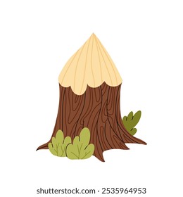 Stump. Un tronco de árbol mordisqueado. Dibujo de dibujos animados de parte del árbol aislado sobre fondo blanco. Materiales de construcción, concepto forestal.