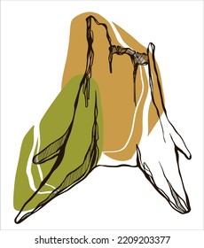 Stump of an old tree in line art style on a gray background. Vector hand-drawn illustration. Isolated elements on a white background.
