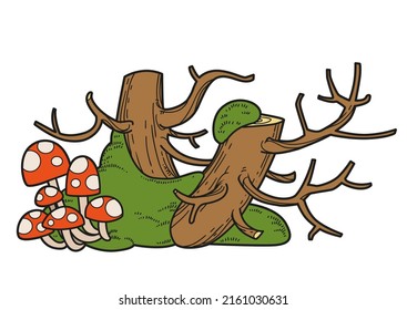 Stump the remains of two trees in the moss with fly agaric color variation for coloring page isolated on white background