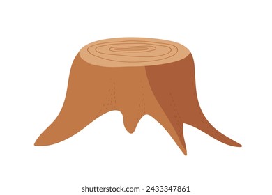 Stump. Remnant of old tree Isolated on white background. Stump, remnant of large old tree in wild forest. Forest stump icon. Natural cartoon illustration. Deforestation, firewood harvesting, ecology