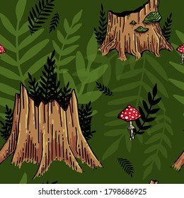 Stump seamless pattern green leaves background