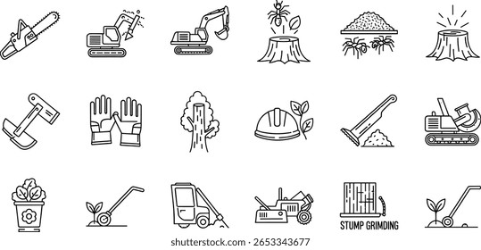 Conjunto de ícones de linha de serviço de Stump. Pictogramas vetoriais de motosserra, escavadora, amolador, mulch, decomposição de formigas, capacete, luvas, plantador, fino 