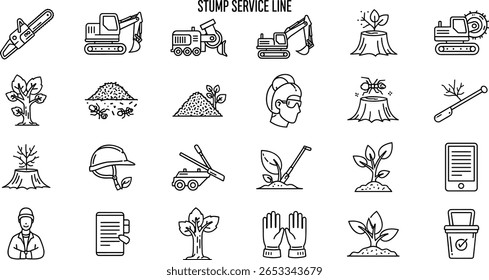 Conjunto de ícones de linha de serviço de Stump. Pictogramas vetoriais de motosserra, escavadora, amolador, mulch, decomposição de formigas, capacete, luvas, plantador, fino 