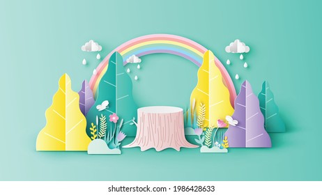Stump stage podium scene in spring forest with flowers, plants, grass, butterflies, raindrops, rainbow and blank space. Beautiful springtime. paper cut and craft style. vector, illustration.