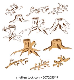 Stump, stub, branch. Set. Icon. Sketch. On a white background