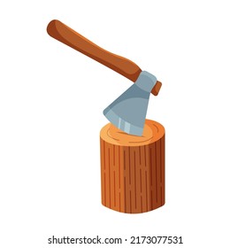 Stump with a stuck ax. Manual tool for chop wood. Cutting wood and logging wood industry concept. Isolated vector illustration in flat cartoon style.