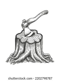 Stump with stuck ax sketch. Cutting wood and logging. woodcutter tool for chopping wood. Carpentry, natural lumber