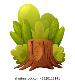 Stump surrounded by forest bushes and plants, cartoon vector illustration. Nature, camping concept