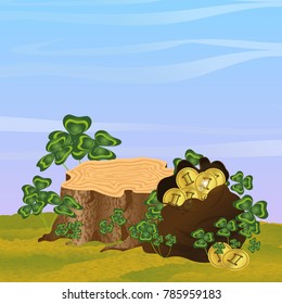 Stump in thickets of clover. A bag of gold coins. St.Patrick 's Day. Vector landscape
