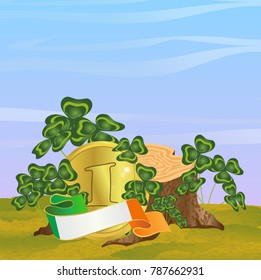 Stump in thickets of clover. A large gold coin wrapped in ribbon in the colors of the flag of Ireland. St.Patrick's Day. Vector landscape