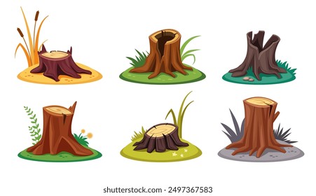 stump tree collection. forestry nature rural material, cartoon different shaped wooden stumps set. vector cartoon items isolated background.