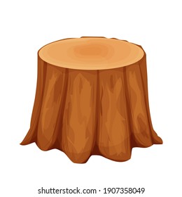 Stump of tree, detailed drawing in cartoon style isolated on white background. Log, outdoor forest chopped wooden material. Textured clipart stock. 
