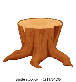 Stump of tree, detailed drawing in cartoon style isolated on white background. Log, outdoor forest chopped wooden material. Textured clipart stock. 
