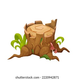 Stump of tree, detailed drawing with grass, moss and mushrooms in cartoon style isometric isolated on white background. Log, outdoor forest chopped wooden material. Textured clip art stock. 
