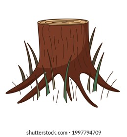 A stump of a tree. Forest, nature. Decorative element with an outline. Doodle, hand-drawn. Flat design. Color vector illustration. Isolated on a white background.