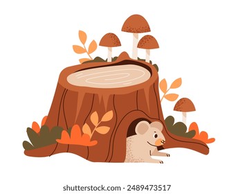 Muñón de árbol con setas. Animal en el hoyo y la madriguera. Ilustración vectorial plana