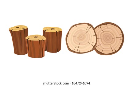 Stump and Tree Rings as Firewood and Wooden Material Used for Fuel Vector Set