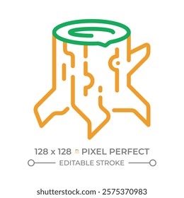 Stump two color line icon. Tree removal. Deforestation. Logging industry. Forest management. Chopping wood. Bicolor outline symbol. Duotone linear pictogram. Isolated illustration. Editable stroke