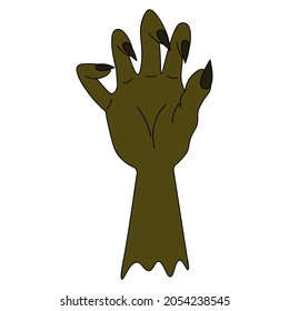 A stump of a zombie hand. Curved fingers with sharp claws. Dead man's green hand. Colored vector illustration. Isolated white background. Cartoon style. Halloween symbol. Decoration for All Saints Day