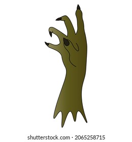 A stump of a zombie hand. Side view. Curved fingers with sharp claws. Dead man's green hand. Colored vector illustration. Isolated white background. Cartoon style. Halloween symbol. 
