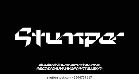 Stumper, fuente de alfabeto moderno deportivo. Tipografía Fuentes de estilo urbano para tecnología, digital, logotipo de película. Ilustración vectorial
