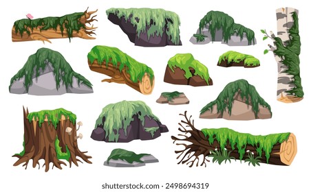 Stumps and logs in moss. Tree trunks and rocks overgrown with creeping rainforest lichens, game natural woodland elements, dense forest plants, tidy vector cartoon isolated set